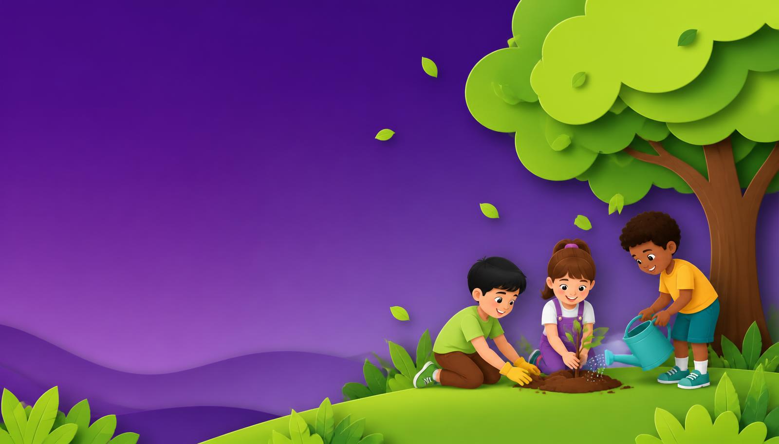 Atividades do Dia da Árvore: ilustração de crianças plantando e regando uma muda de árvore em aula sobre meio ambiente.