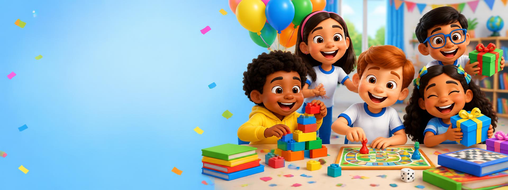 Crianças brincando com blocos, cartões ilustrados e atividades educativas na sala de aula.