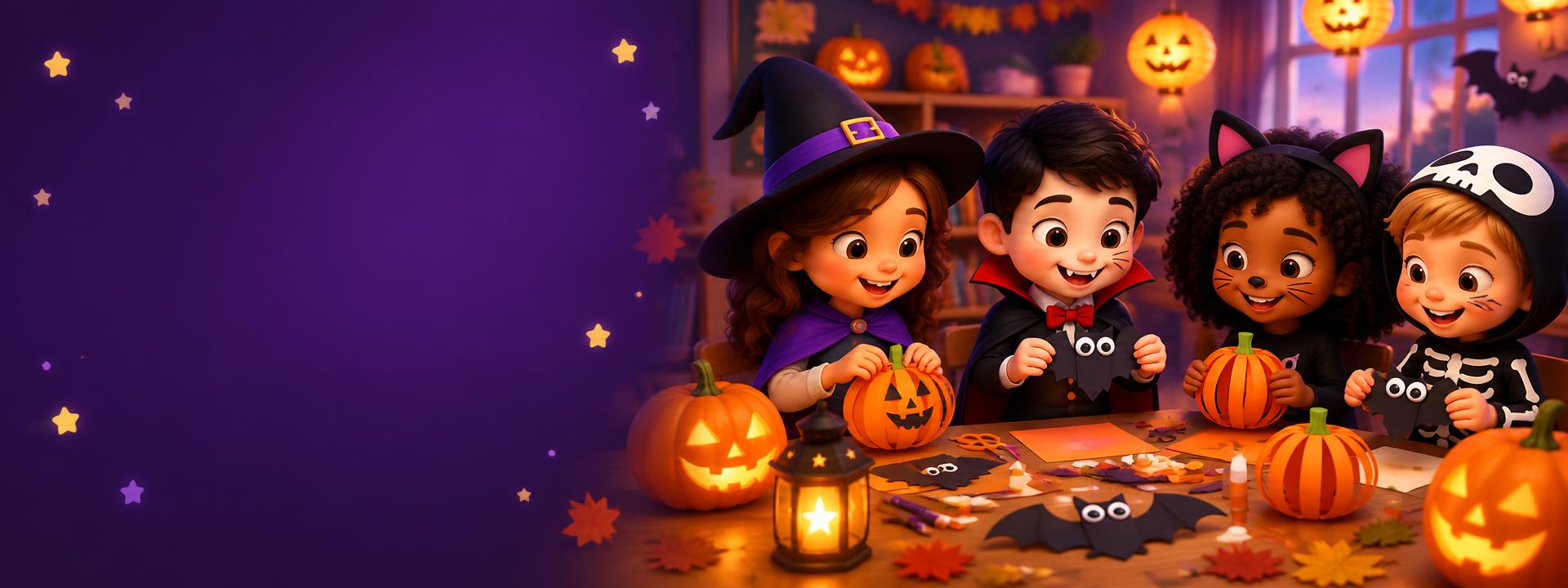 Crianças fantasiadas criando desenhos de abóboras e morcegos em uma sala de aula decorada para Halloween.