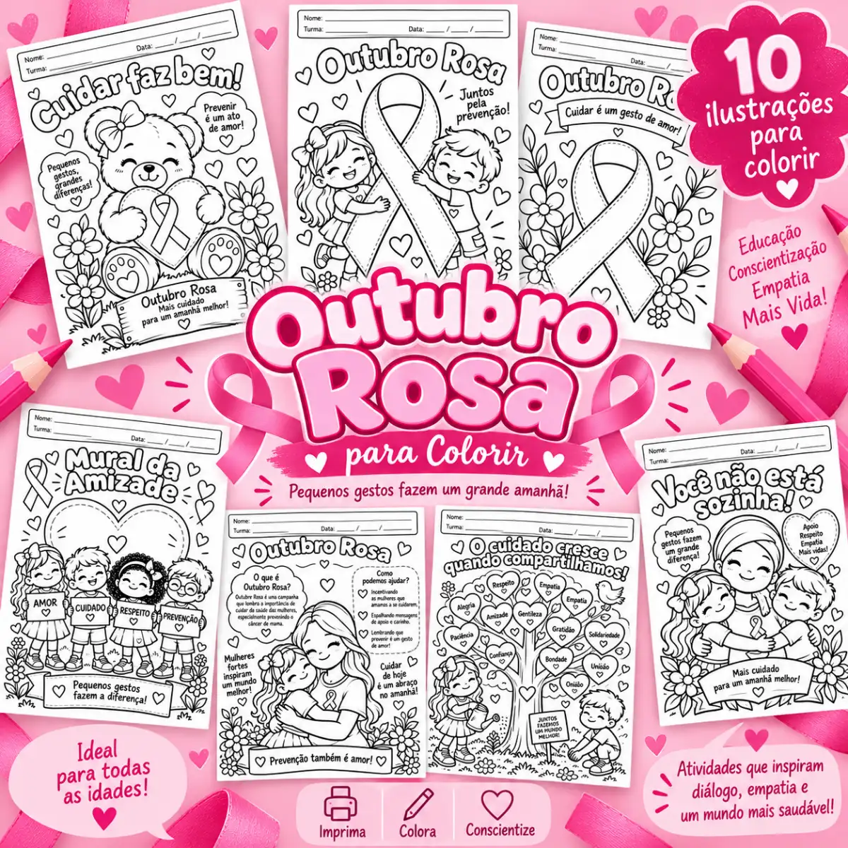 10 Atividades de colorir para o Outubro Rosa. — Atividades para Educação Infantil: 0 ilustrações para colorir do Outubro…