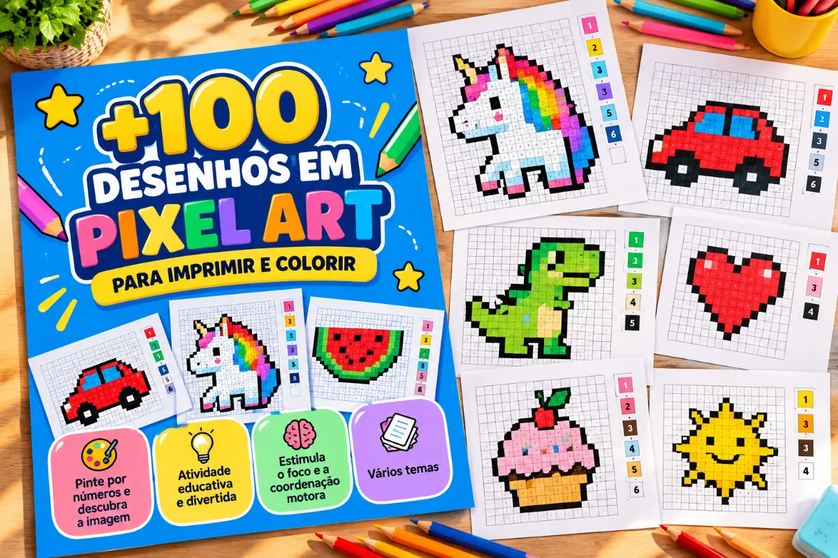 +100 PIXEL ARTS – IMPRIMA, PINTE E DESCUBRA! — amostra 1: +100 Pixel Arts para Colorir