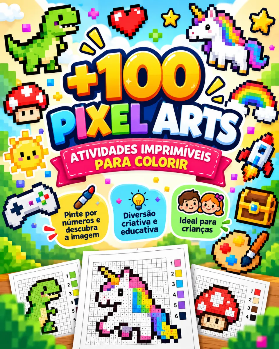 +100 PIXEL ARTS – IMPRIMA, PINTE E DESCUBRA! — amostra 2: +100 Pixel Arts para Colorir