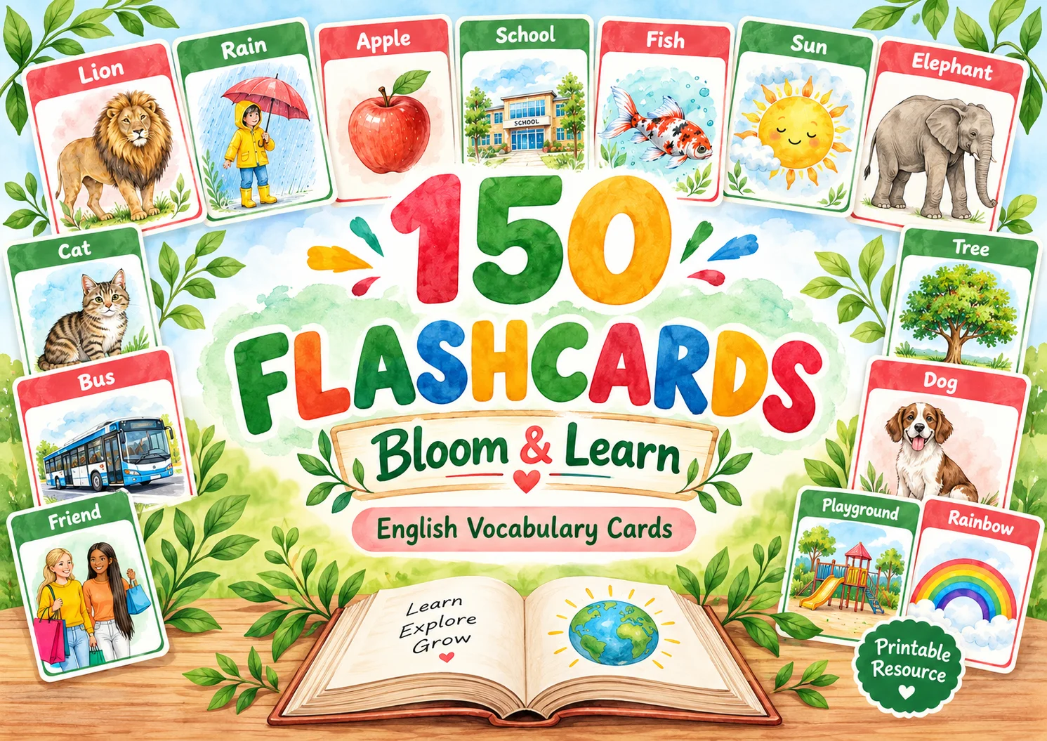 150 Flashcards Inglês para crianças e adolescentes - Imagens Aquarela — amostra 1: 150 Flashcards de Inglês – Vocabulário…