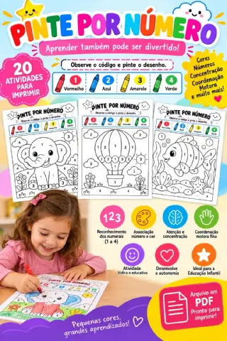 20 atividades para colorir, aprender e se divertir! — amostra 1: O material utiliza os números 1, 2, 3 e 4, associados às…