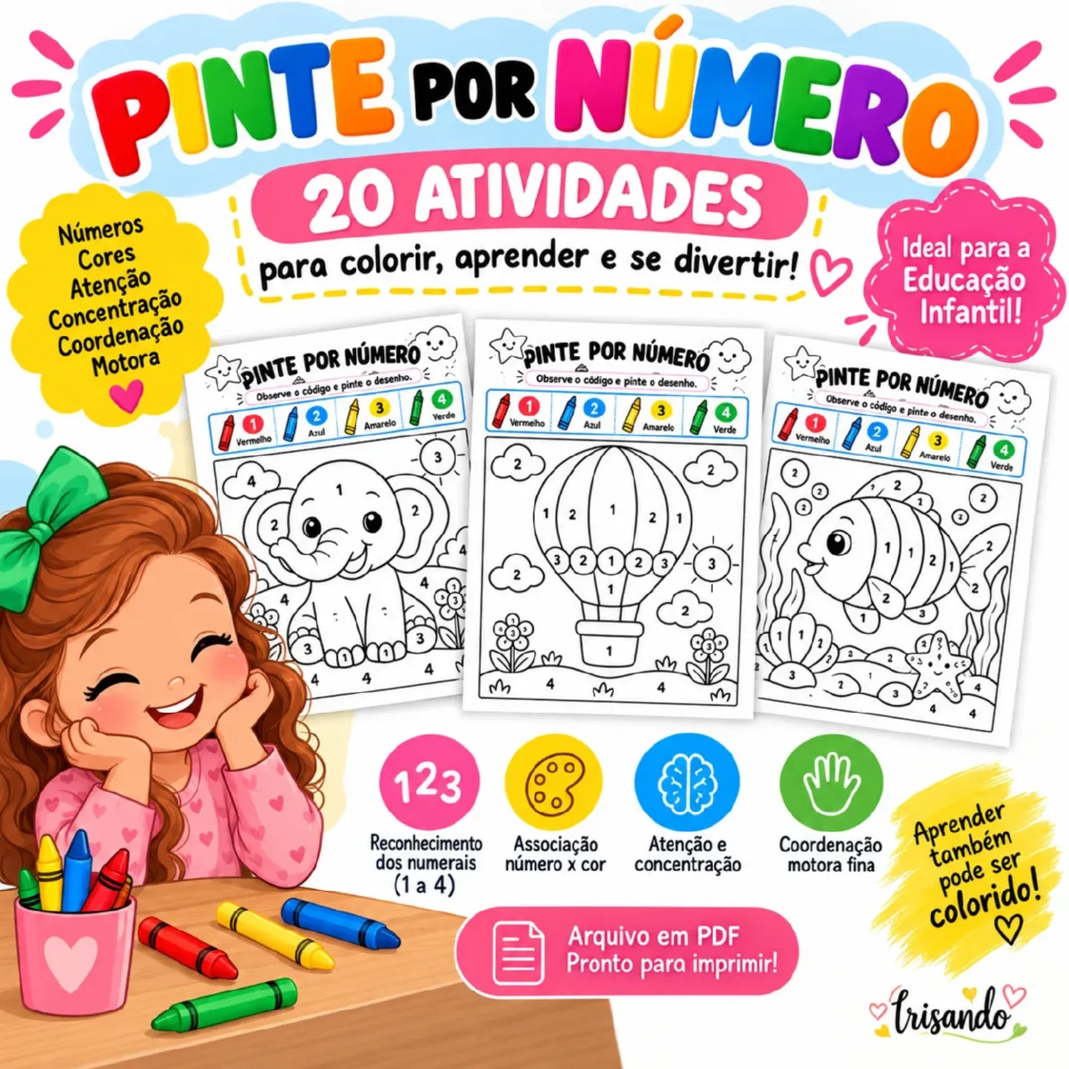 20 atividades para colorir, aprender e se divertir! — Matemática para Educação Infantil: O Pinte por Número reúne 20…