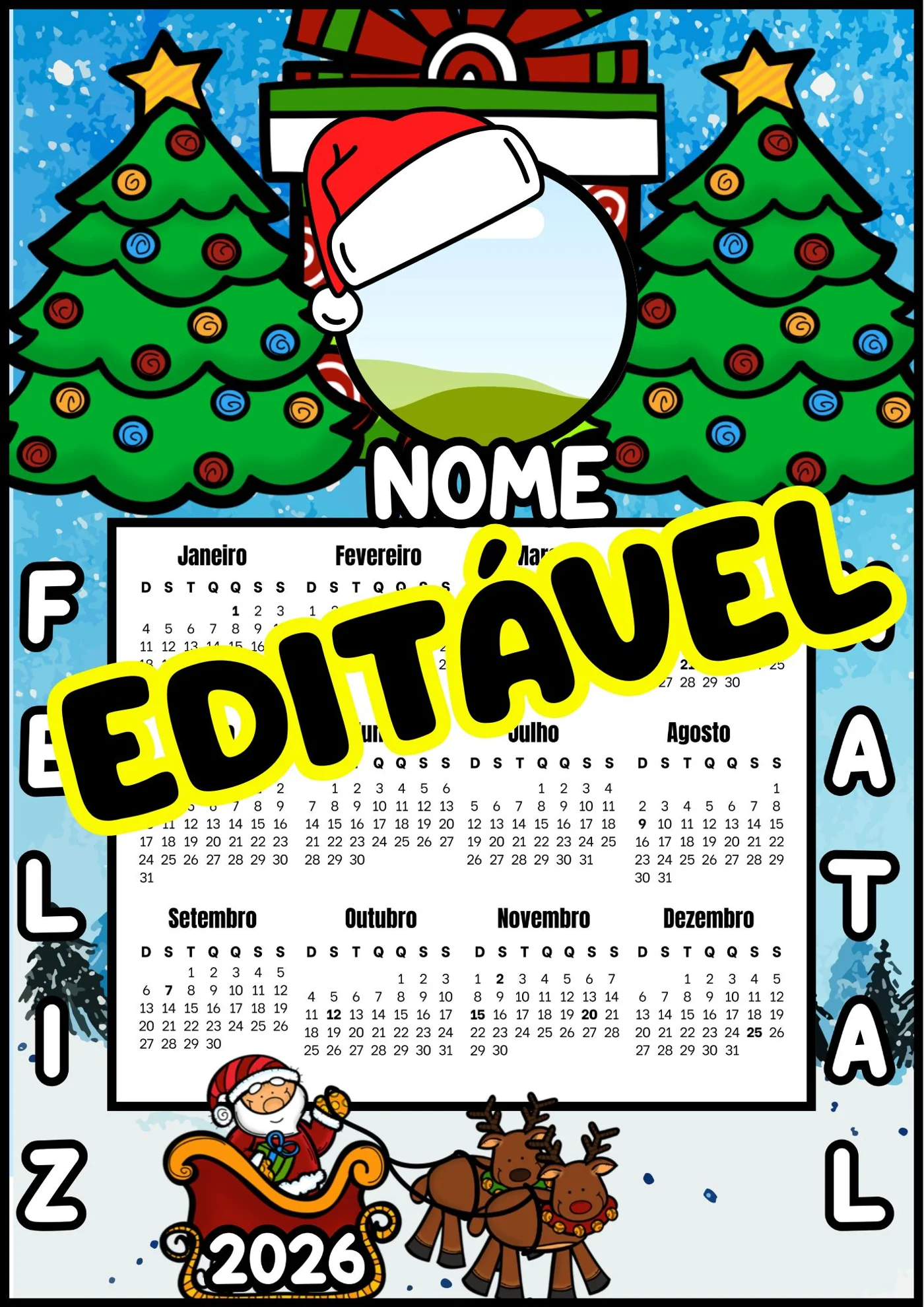 Calendário de Natal 2026 editável — amostra 1: CALENDÁRIOS NATALINOS 2026 – PERSONALIZADOS COM FOTO
