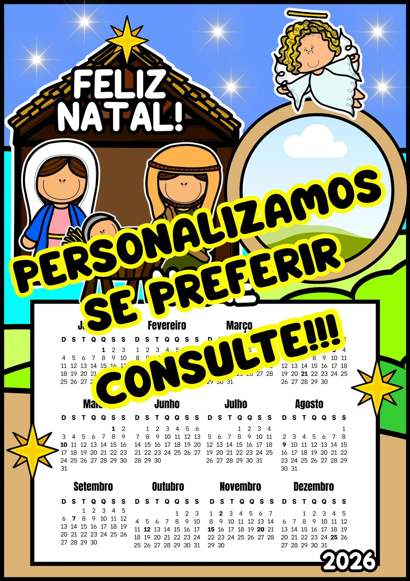 Calendário de Natal 2026 editável — amostra 3: CALENDÁRIOS NATALINOS 2026 – PERSONALIZADOS COM FOTO