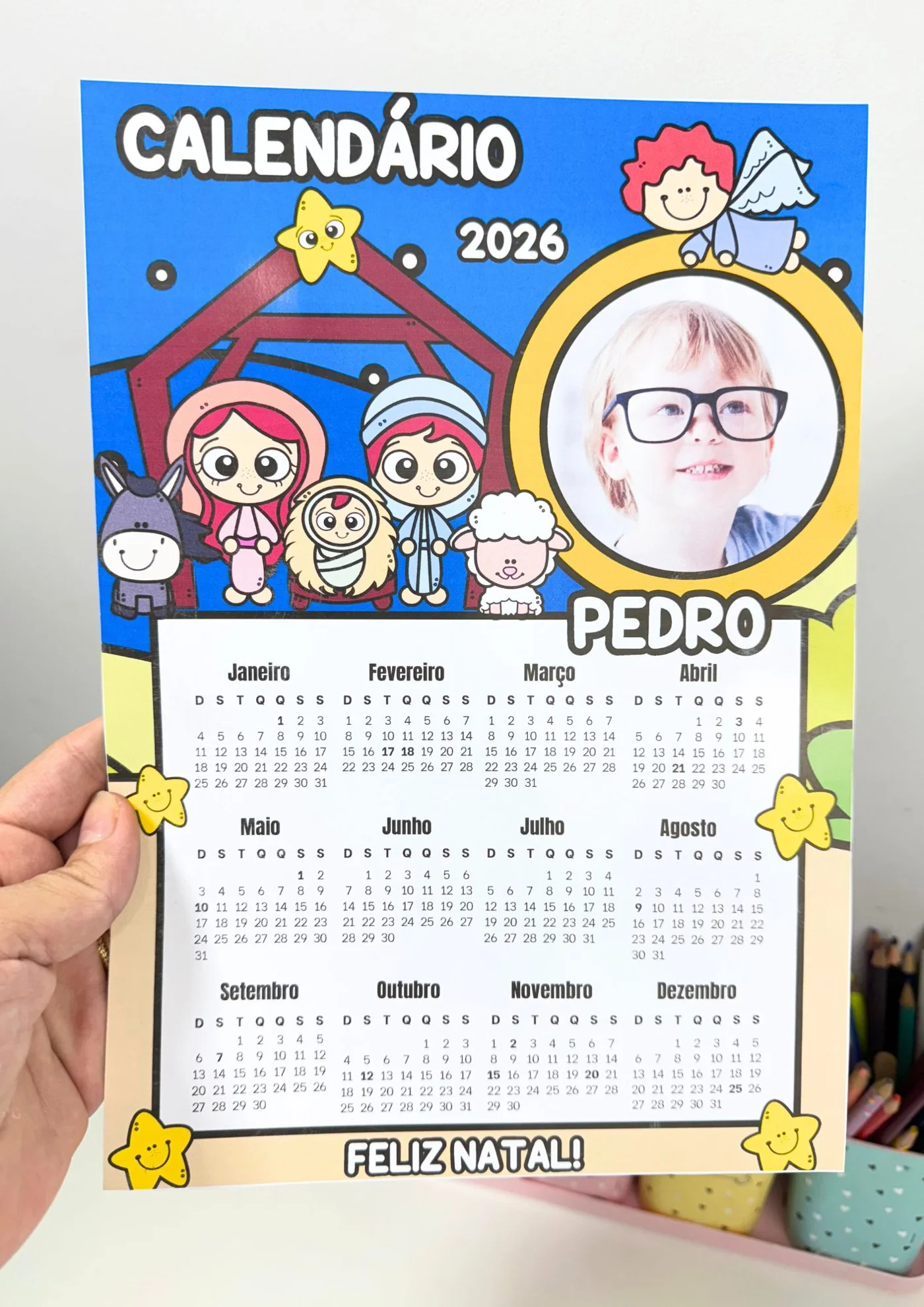 Calendário de Natal 2026 editável — amostra 4: CALENDÁRIOS NATALINOS 2026 – PERSONALIZADOS COM FOTO