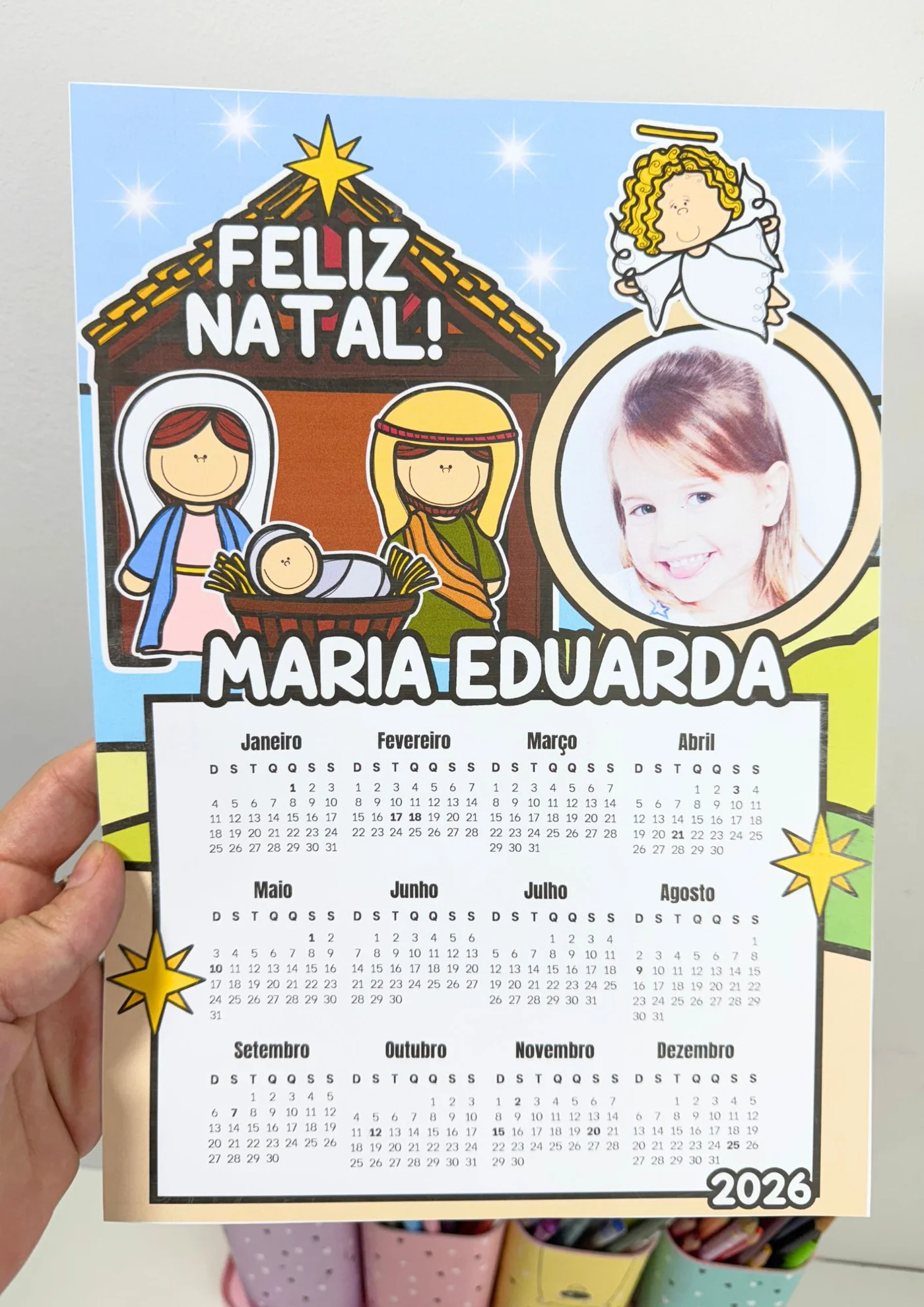 Calendário de Natal 2026 editável — amostra 5: CALENDÁRIOS NATALINOS 2026 – PERSONALIZADOS COM FOTO
