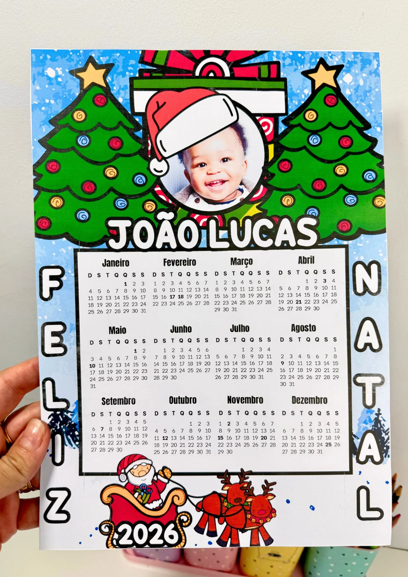 Calendário de Natal 2026 editável — amostra 6: CALENDÁRIOS NATALINOS 2026 – PERSONALIZADOS COM FOTO