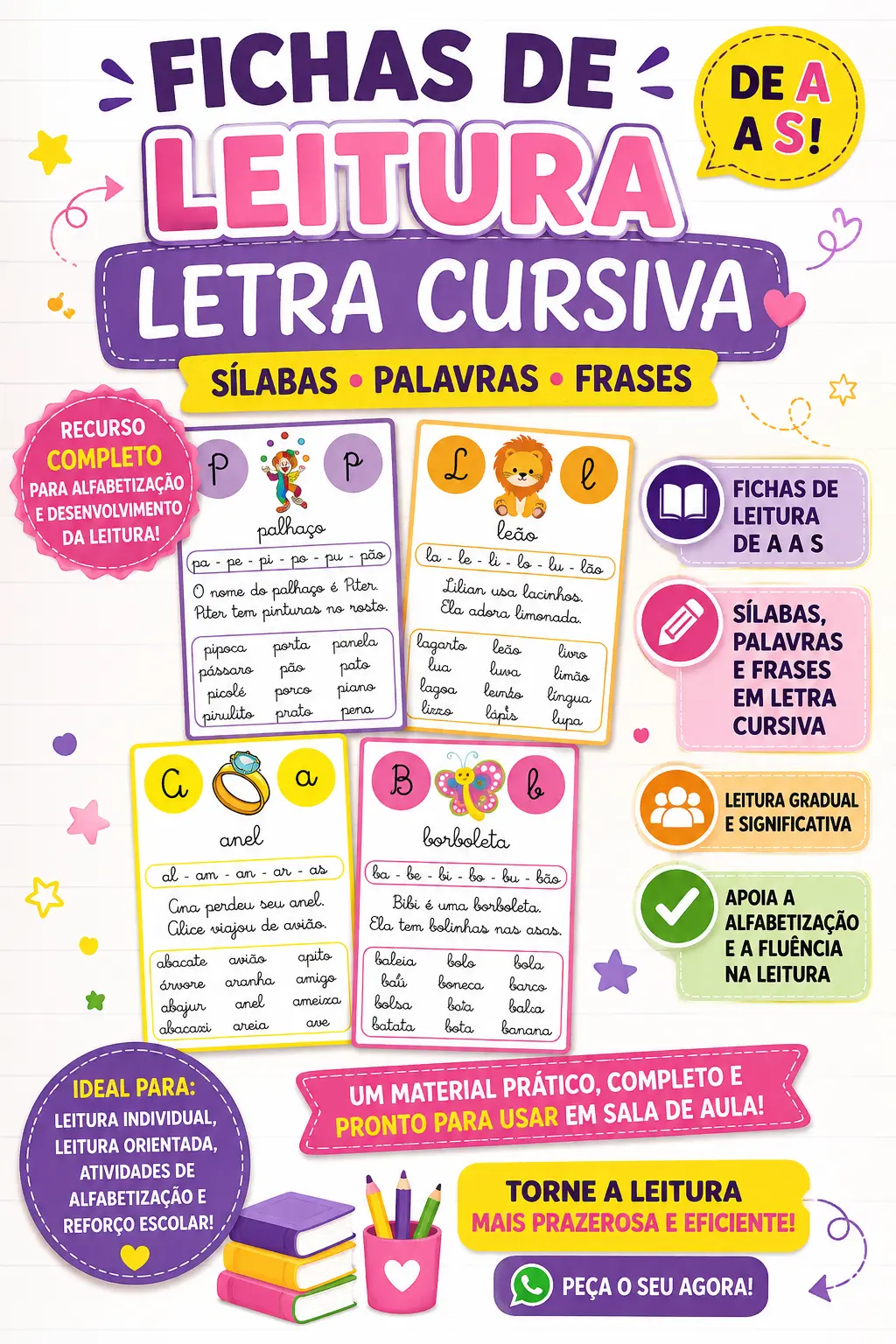 26 Fichas de Leitura em Letra Cursiva de A a Z. — amostra 3: 26 Fichas de leitura em letra cursiva com sílabas, palavras e…