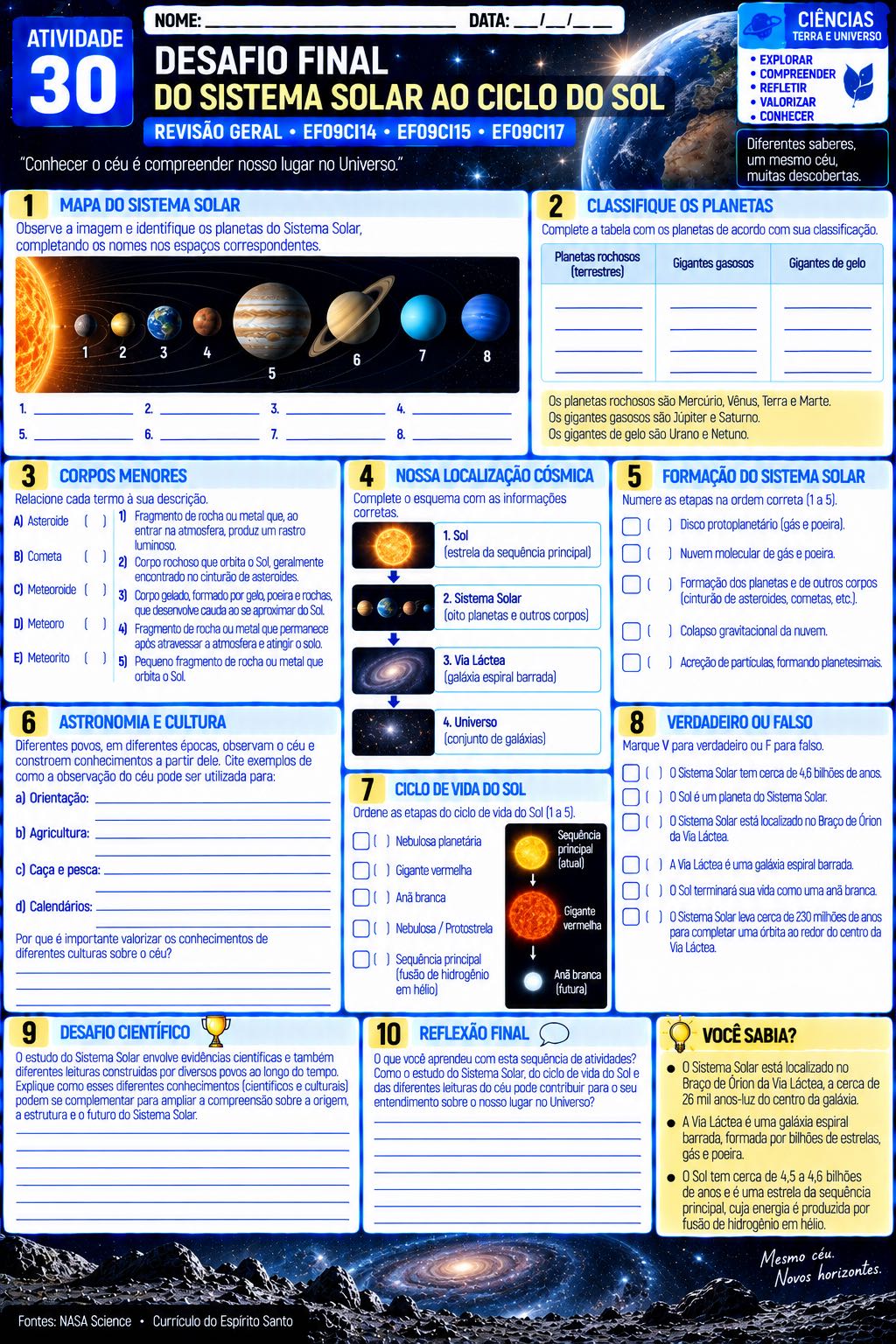 30 Atividades sobre o Sistema Solar - Ciências — amostra 2: Apostila de Ciências para o 9º ano com 30 atividades sobre…