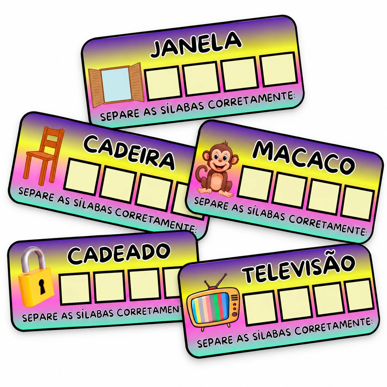 30 Cards de Separação Silábica – Atividade Lúdica de Alfabetização — amostra 3: Com ilustrações coloridas e espaço para…