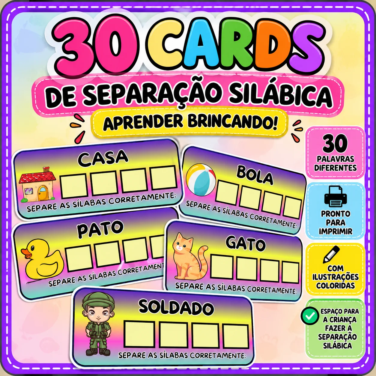 30 Cards de Separação Silábica – Atividade Lúdica de Alfabetização — capa do material