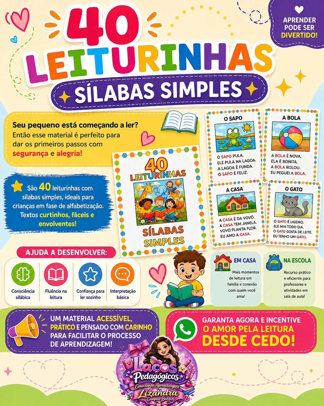 40 Textos Curtos com Sílabas Simples para Alfabetização — capa do material