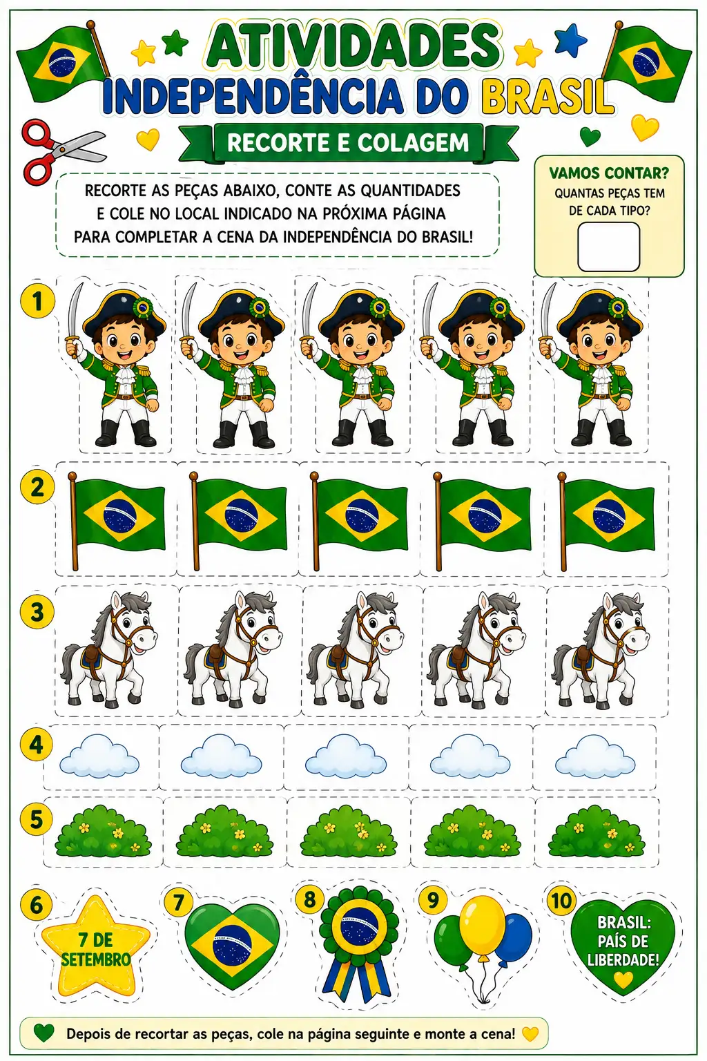 5 ATIVIDADES DE MATEMÁTICA – INDEPENDÊNCIA DO BRASIL ED. INFANTIL 💚💛 — amostra 3: 🇧🇷✂️ 5 ATIVIDADES DE MATEMÁTICA –…