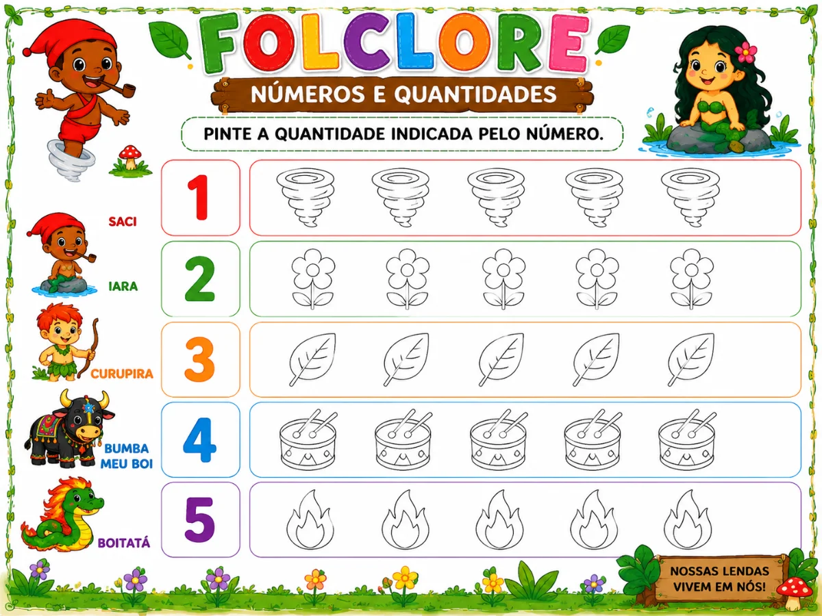 🌿 5 ATIVIDADES DE NÚMEROS E QUANTIDADES FOLCLORE EDUCAÇÃO INFANTIL✨ — amostra 1: 🌿✨ 5 ATIVIDADES DE NÚMEROS E QUANTIDADES…