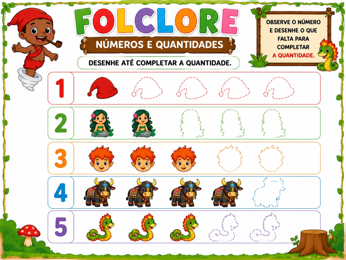 🌿 5 ATIVIDADES DE NÚMEROS E QUANTIDADES FOLCLORE EDUCAÇÃO INFANTIL✨ — amostra 2: 🌿✨ 5 ATIVIDADES DE NÚMEROS E QUANTIDADES…