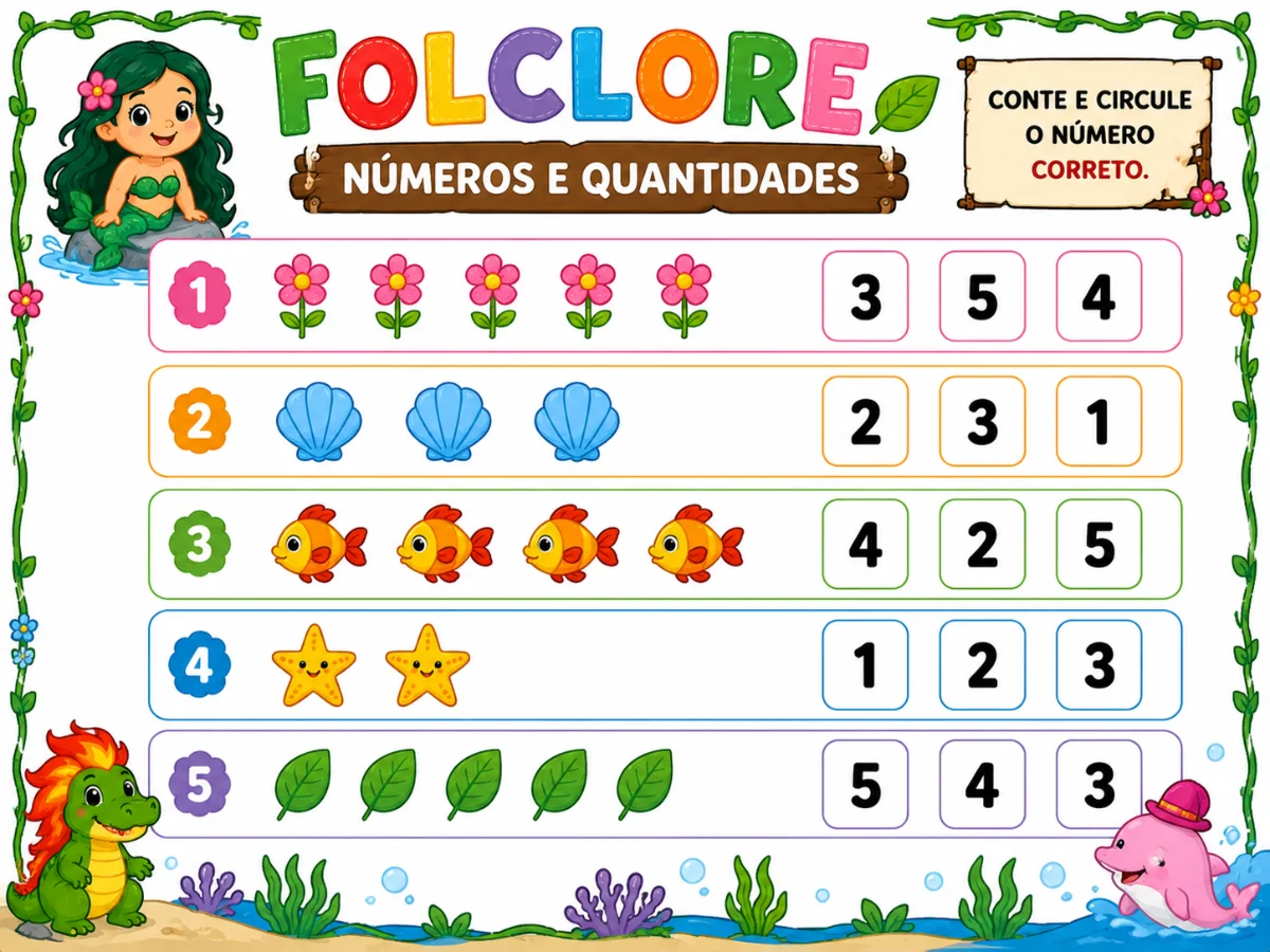 🌿 5 ATIVIDADES DE NÚMEROS E QUANTIDADES FOLCLORE EDUCAÇÃO INFANTIL✨ — amostra 3: 🌿✨ 5 ATIVIDADES DE NÚMEROS E QUANTIDADES…