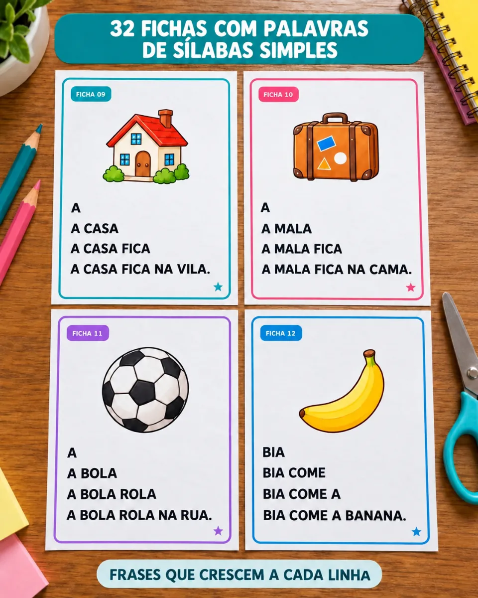 64 Fichas de Fluência Leitora – Sílabas Simples e Complexas — amostra 1: 64 fichas de fluência leitora em PDF, com frases…