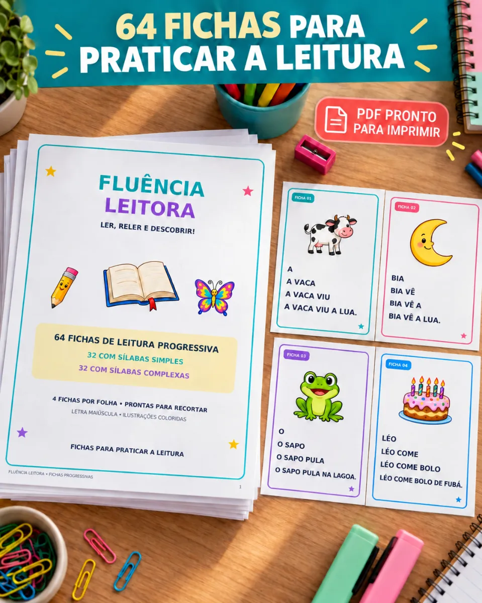 64 Fichas de Fluência Leitora – Sílabas Simples e Complexas — amostra 2: 64 fichas de fluência leitora em PDF, com frases…