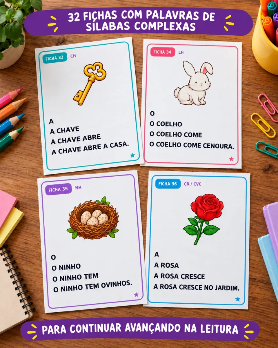 64 Fichas de Fluência Leitora – Sílabas Simples e Complexas — amostra 3: 64 fichas de fluência leitora em PDF, com frases…