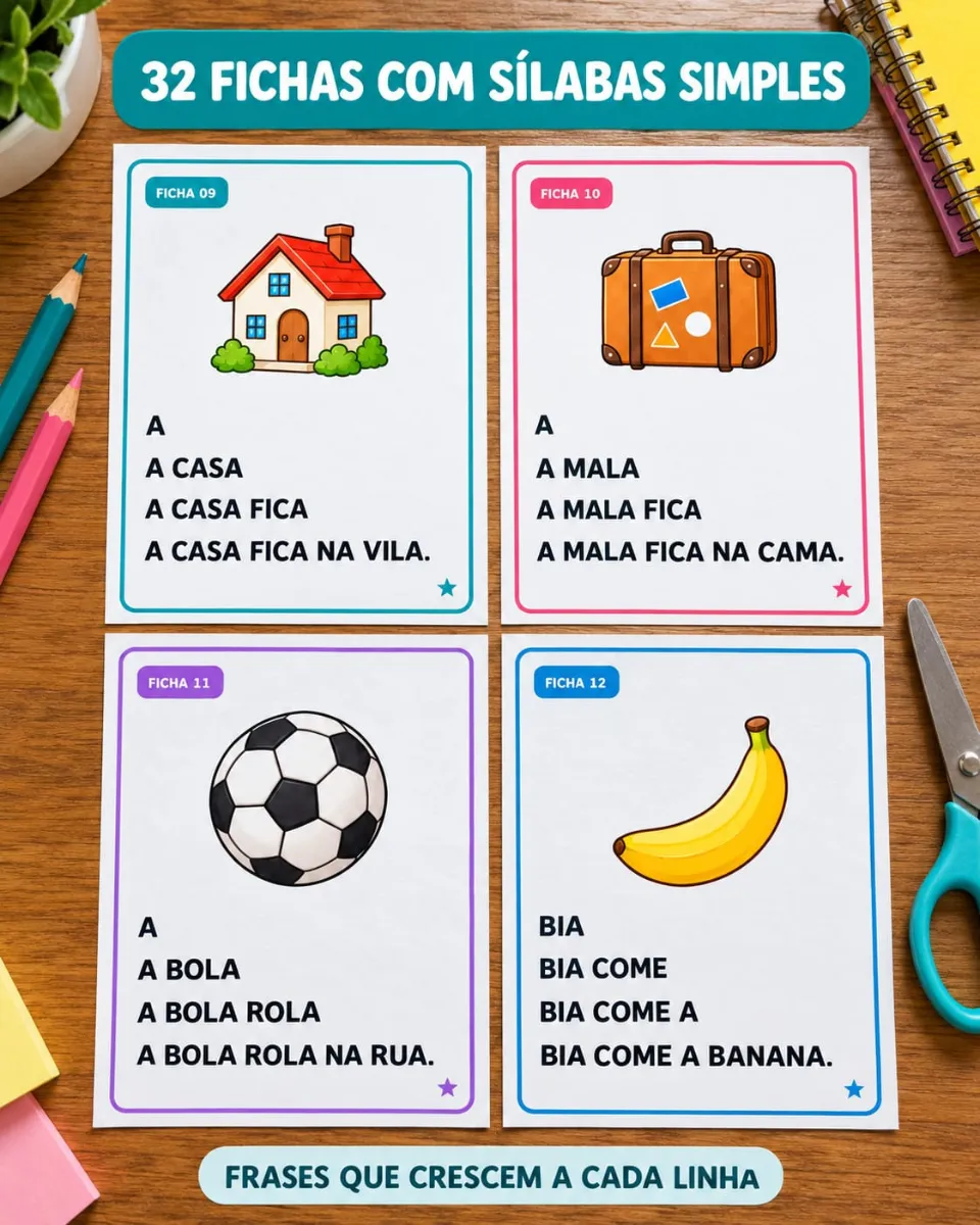 64 Fichas de Fluência Leitora – Sílabas Simples e Complexas — amostra 6: 64 fichas de fluência leitora em PDF, com frases…