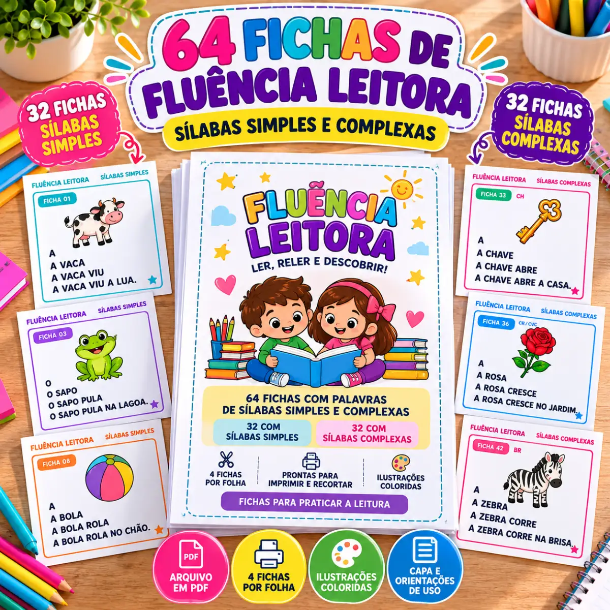 64 Fichas de Fluência Leitora – Sílabas Simples e Complexas — Atividades para 2º ano: 64 fichas de fluência leitora em PDF,…