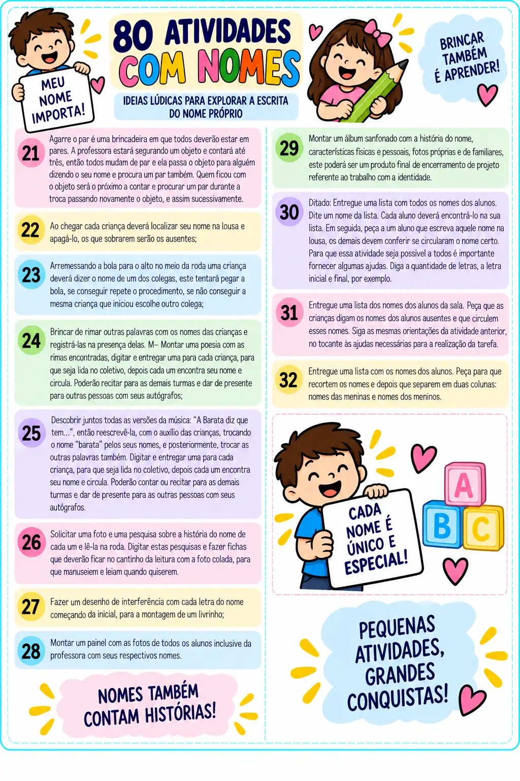80 ATIVIDADES COM NOMES - ALFABETIZAÇÃO INICIAL — amostra 2: O nome próprio é uma das primeiras palavras que fazem sentido…