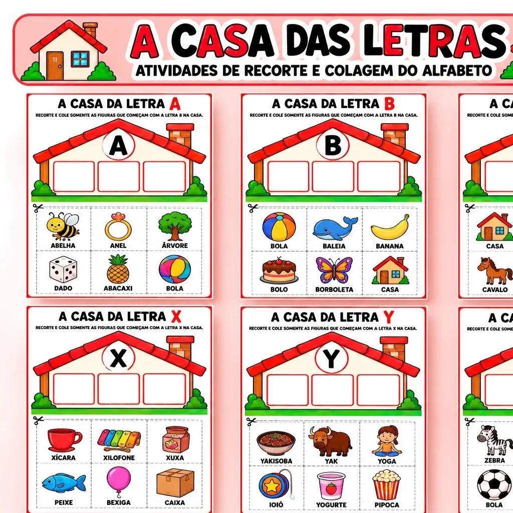 Atividades com Letra Inicial – Casa das Letras para Recortar e Colar — amostra 1: O que o material desenvolve: