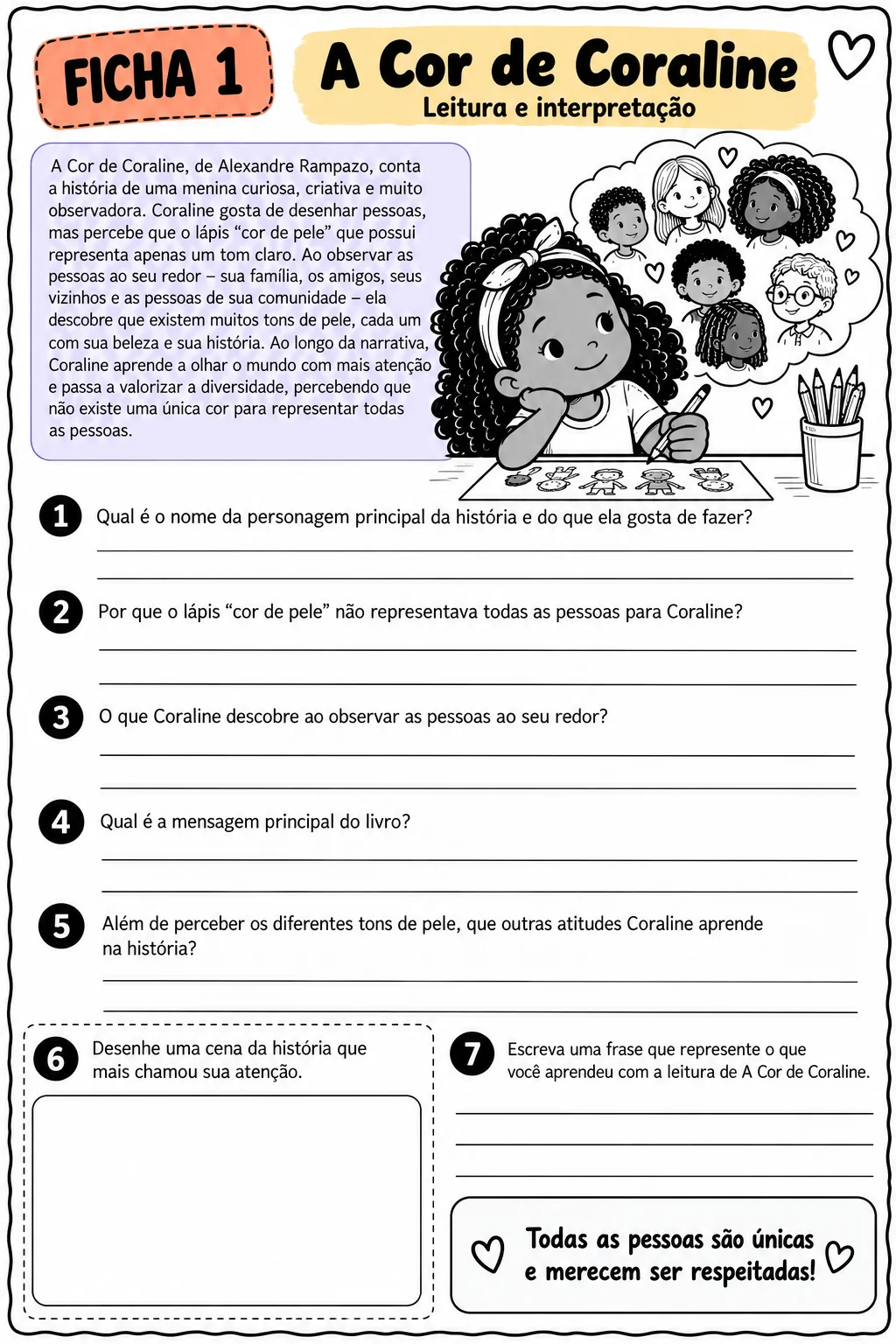 A Cor de Coraline: Atividades sobre Diversidade — amostra 5: Apostila com fichas de atividades inspiradas no livro A Cor de…