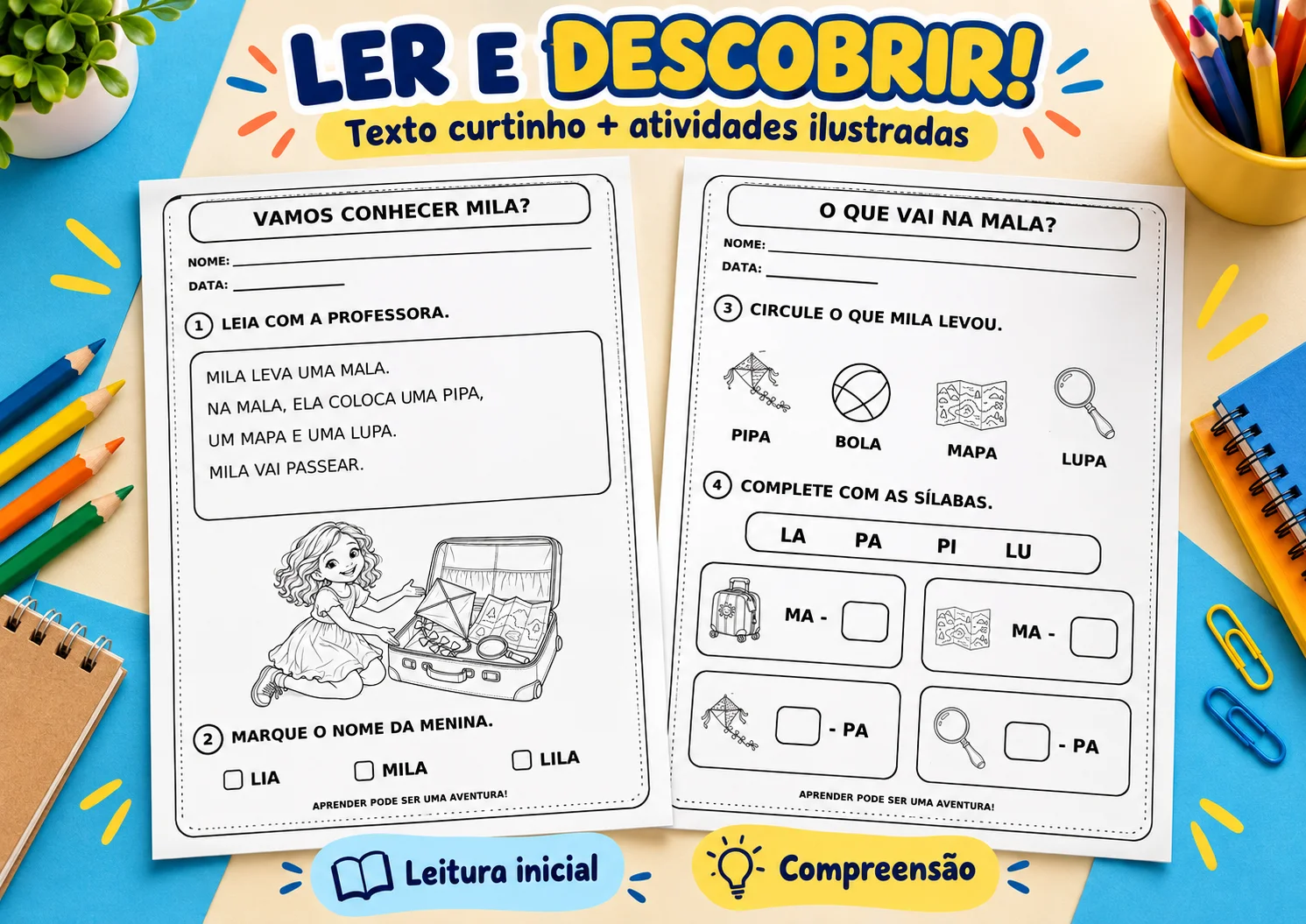 A Mala de Mila | Leitura e Formação de Palavras com Sílabas Simples — amostra 1: Planejado para duas folhas A4, o material…