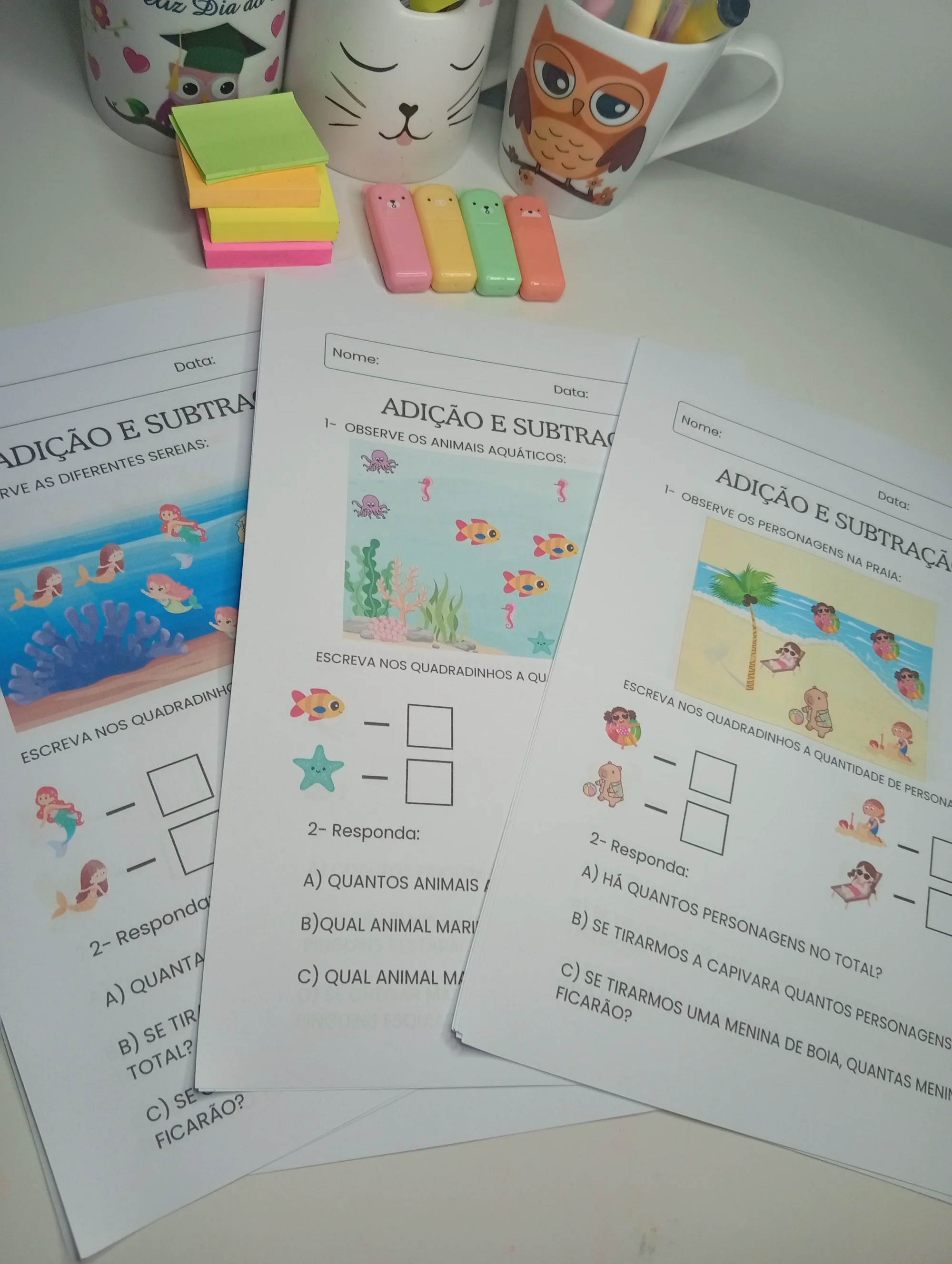 Adição e Subtração 1º e 2º Ano — amostra 1: Apostila com atividades de adição e subtração para 1º e 2º ano, usando cenas…