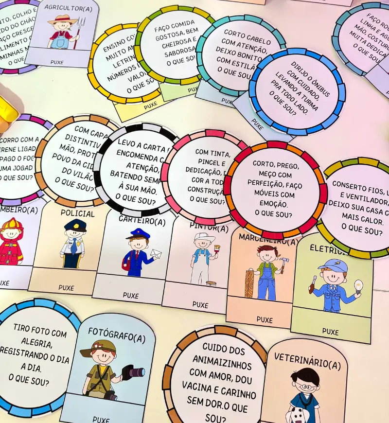 Adivinhas das Profissões: PDF com 17 Fichas Interativas — amostra 2: O que vem no material