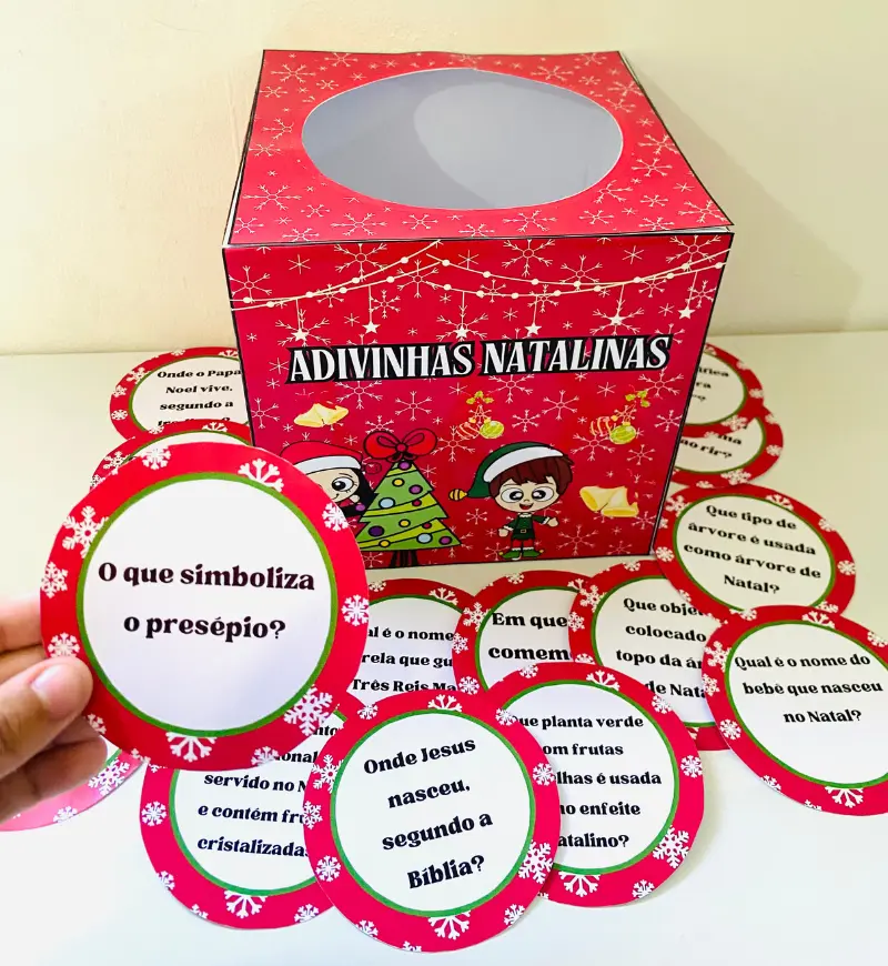 Adivinhas Natalinas em PDF: Fichas para Imprimir e Sortear — amostra 2: O que vem no material