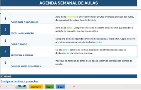 Agenda semanal de aulas: orientações para organizar horários — Planners e organização para Todas as séries: EXCEL para…