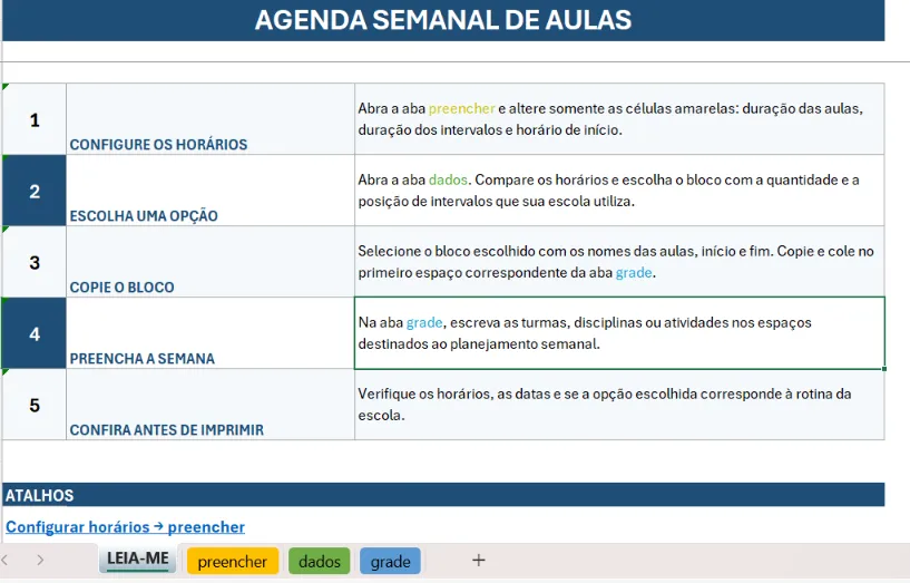 Agenda semanal de aulas: orientações para organizar horários — Planners e organização para Todas as séries: EXCEL para…