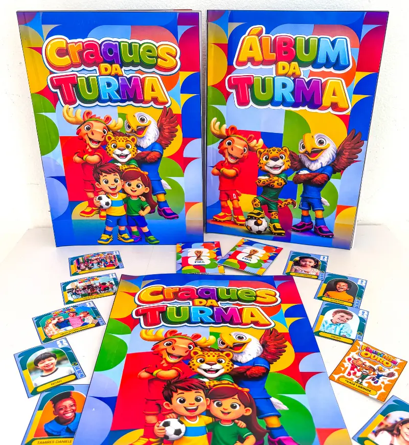 Álbum de figurinhas da turma: Craques no tema Copa do Mundo — amostra 1: Álbum de figurinhas da turma com tema Copa do Mundo
