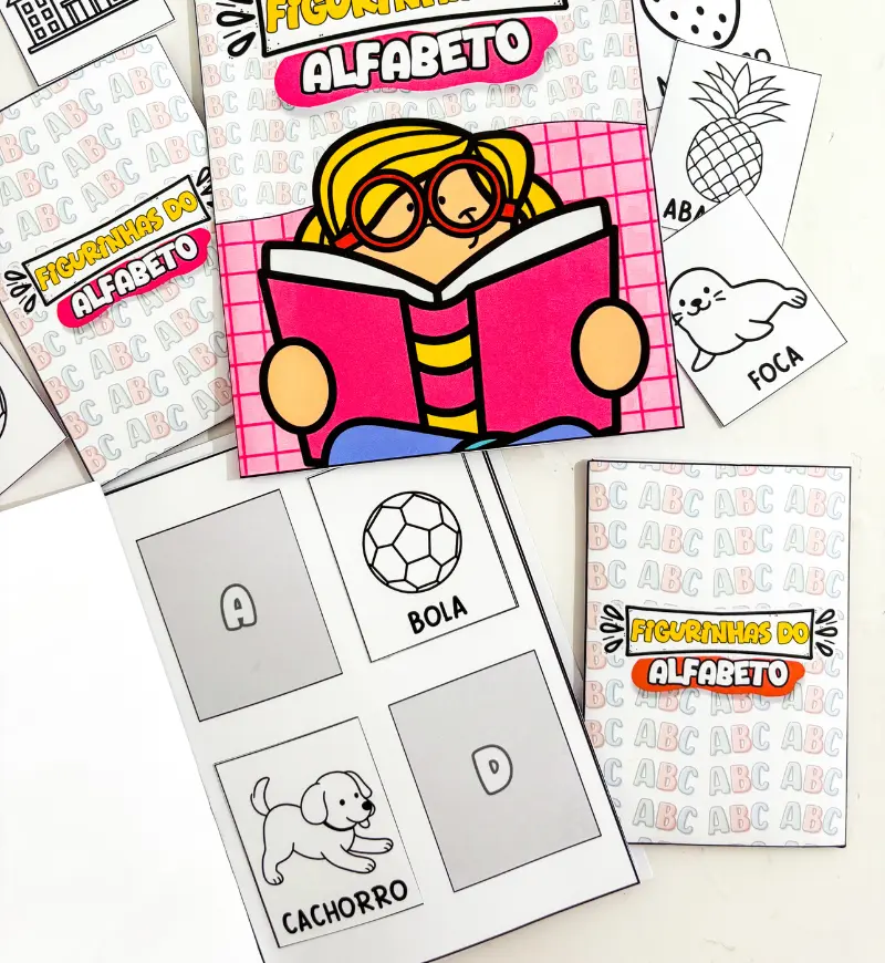 Álbum de Figurinhas do Alfabeto para Imprimir e Colorir — amostra 2: O que vem no material