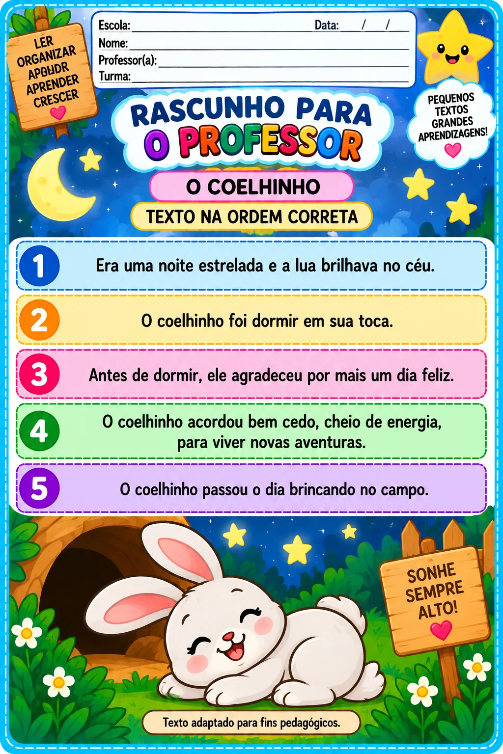Alfabetização + 5 atividades + leitura + sequência textual + imprimir — amostra 2: Textos Fatiados para Alfabetização – 5…