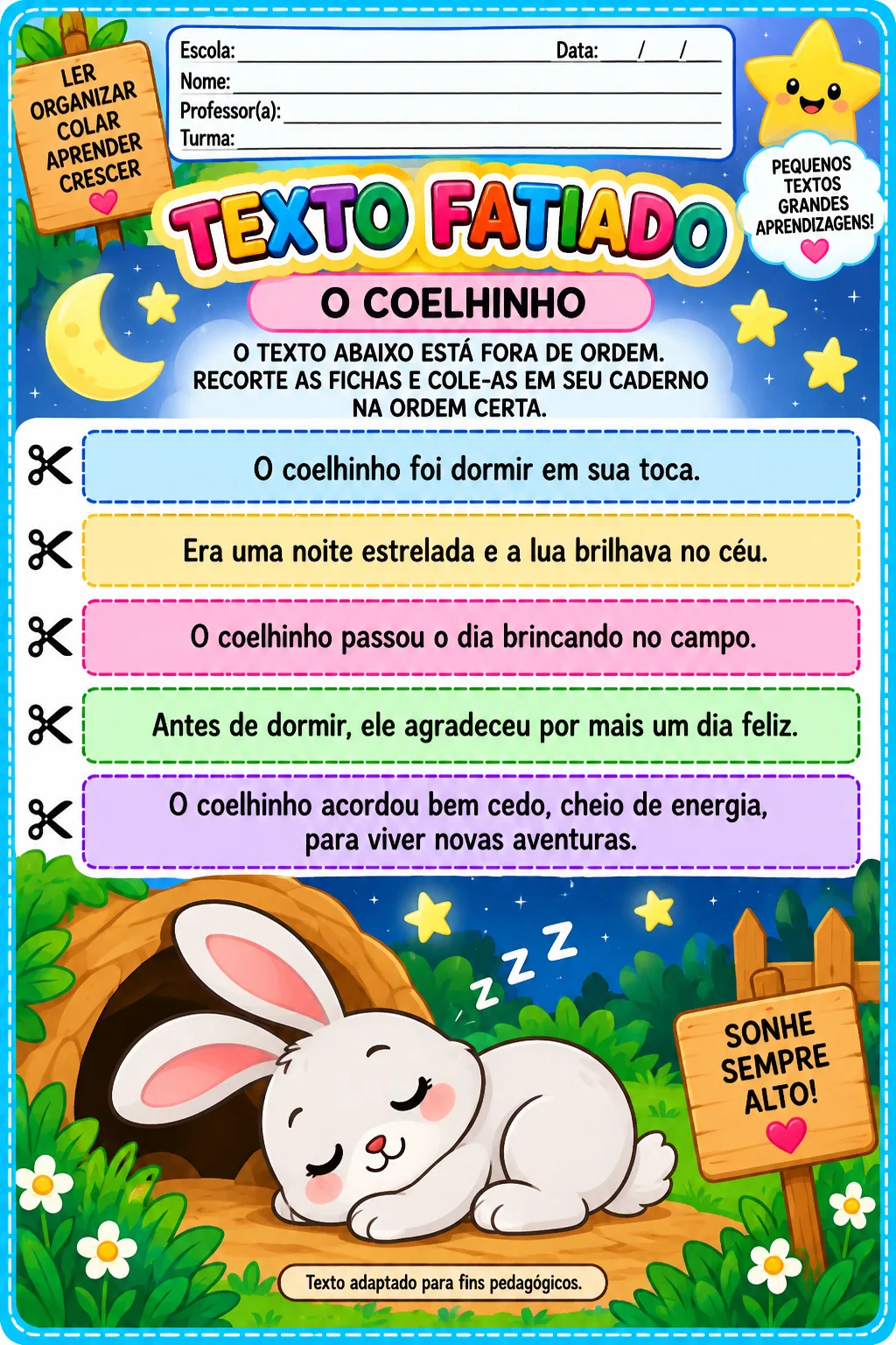 Alfabetização + 5 atividades + leitura + sequência textual + imprimir — amostra 3: Textos Fatiados para Alfabetização – 5…