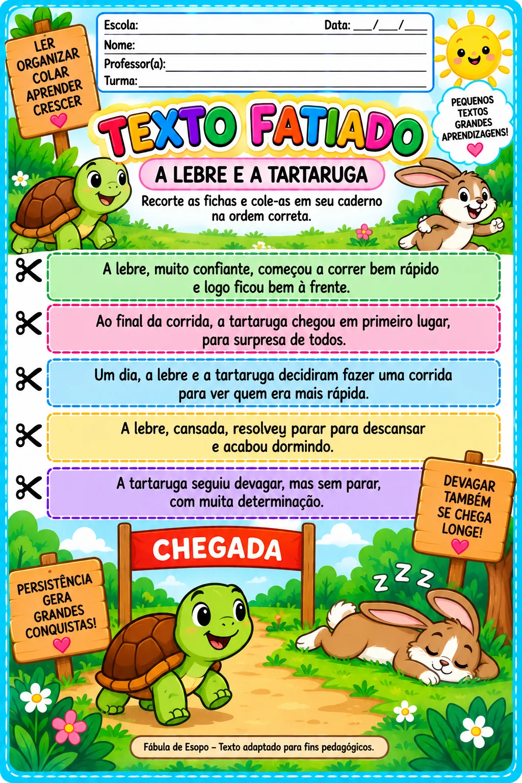 Alfabetização + 5 atividades + leitura + sequência textual + imprimir — amostra 5: Textos Fatiados para Alfabetização – 5…