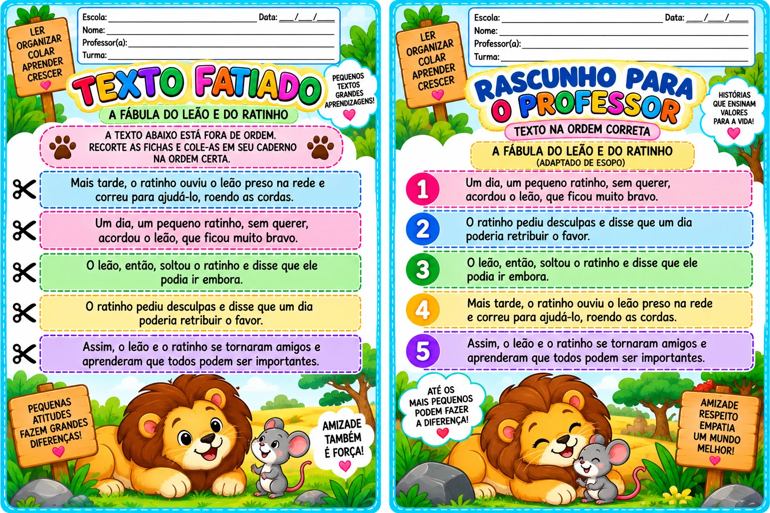 Alfabetização + 5 atividades + leitura + sequência textual + imprimir — amostra 6: Textos Fatiados para Alfabetização – 5…