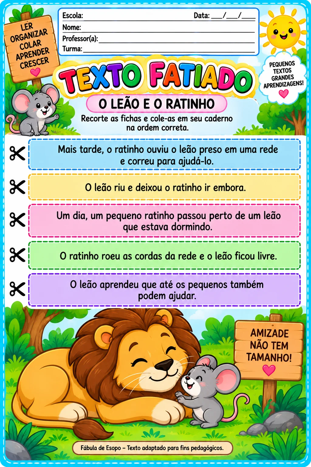 Alfabetização + 5 atividades + leitura + sequência textual + imprimir — amostra 7: Textos Fatiados para Alfabetização – 5…