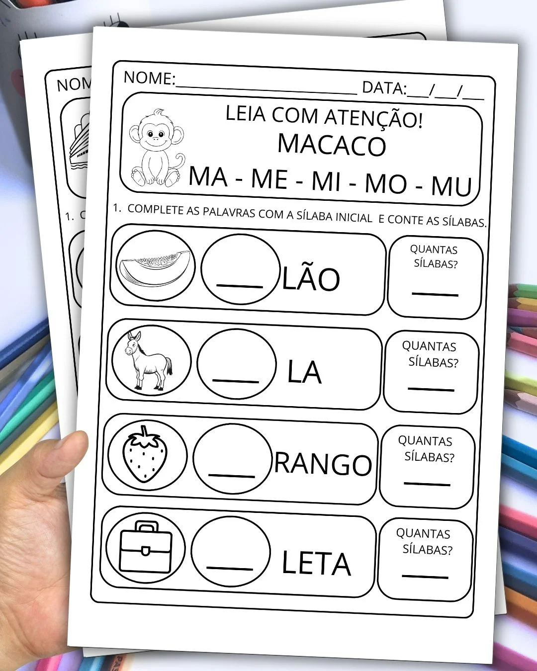 Alfabetização: Completando e Contando Sílabas para Educação Infantil e Anos Iniciais — amostra 2: Arquivo em PDF com 21…