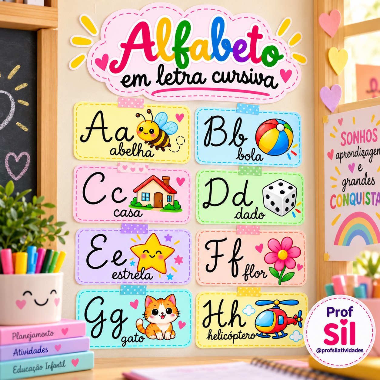 Alfabeto Cursivo Ilustrado de A a Z para Imprimir — amostra 1: Alfabeto Cursivo Ilustrado – Aprendendo de A a Z