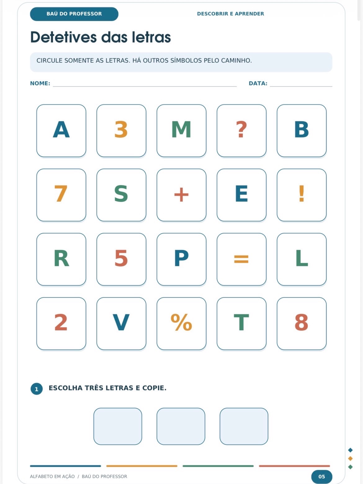 Alfabeto em Ação: Atividades de A a Z + Letras Móveis e Jogo — amostra 3: 45 páginas com atividades de A a Z, letras…