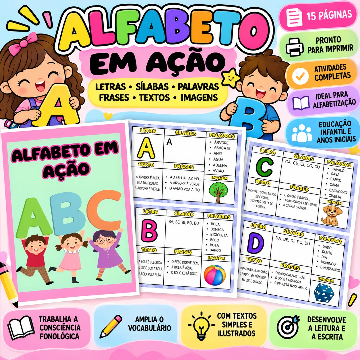 Alfabeto em Ação: Letras, Sílabas, Palavras e Frases — capa do material