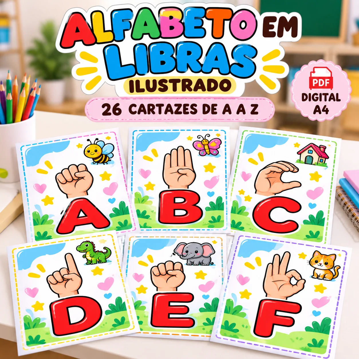 Alfabeto em Libras Ilustrado de A a Z – 26 Cartazes em PDF — capa do material