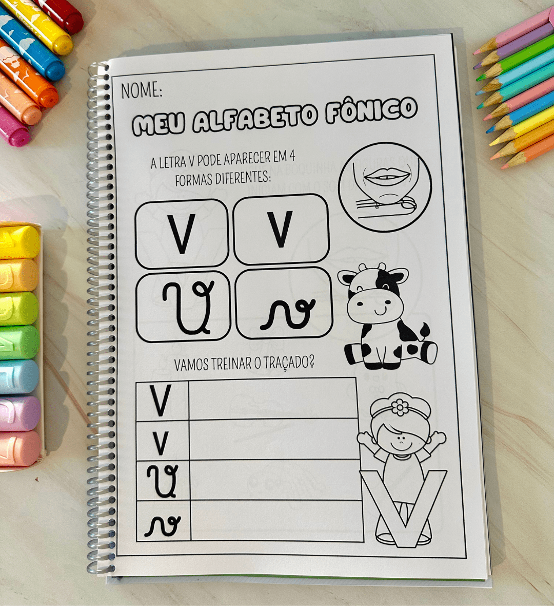 Alfabeto fônico em PDF com atividades e boquinhas para colorir — amostra 2: O que vem no material